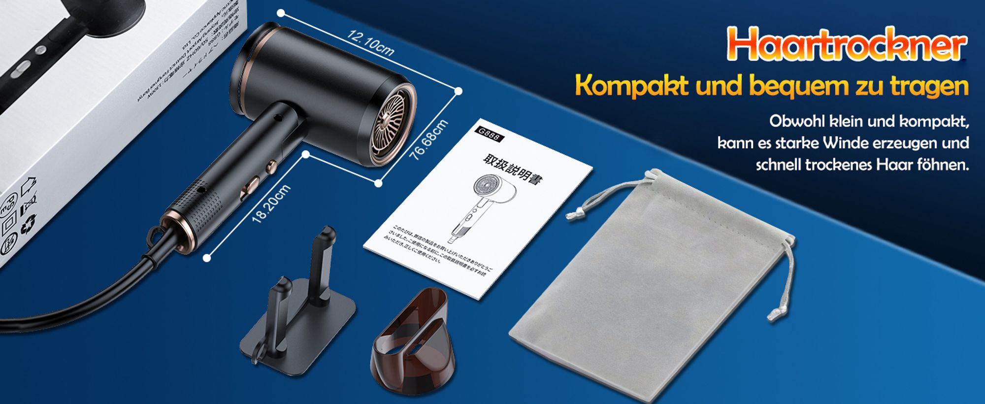 KUGI Haartrockner Föhn Ionen,klappbar,mit 3 Stylingdüse, 2500W, 6-Betriebsarten,Schnelltrocknen,Reiseföhn Hairdryer