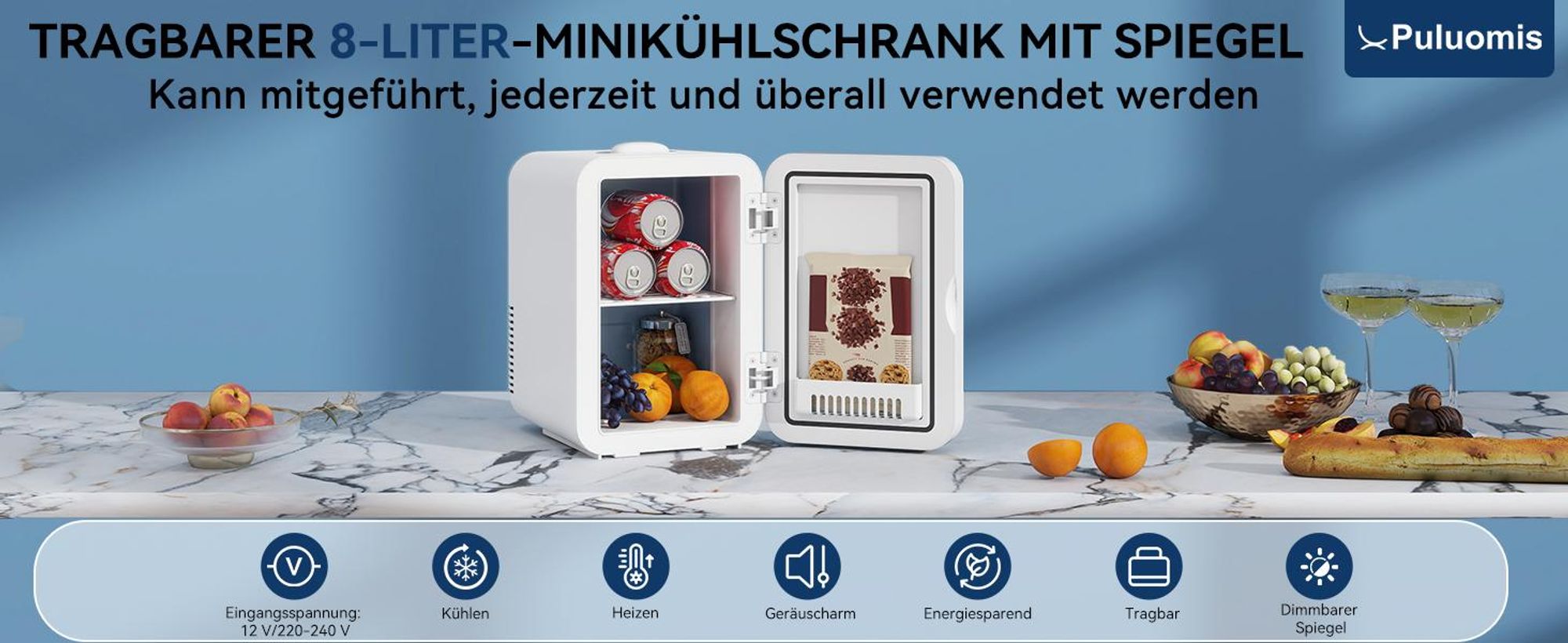 Puluomis Mini Kühlschrank 8L mit LED Spiegel tragbar für Kosmetik, Kühlbox Warmbox weiß