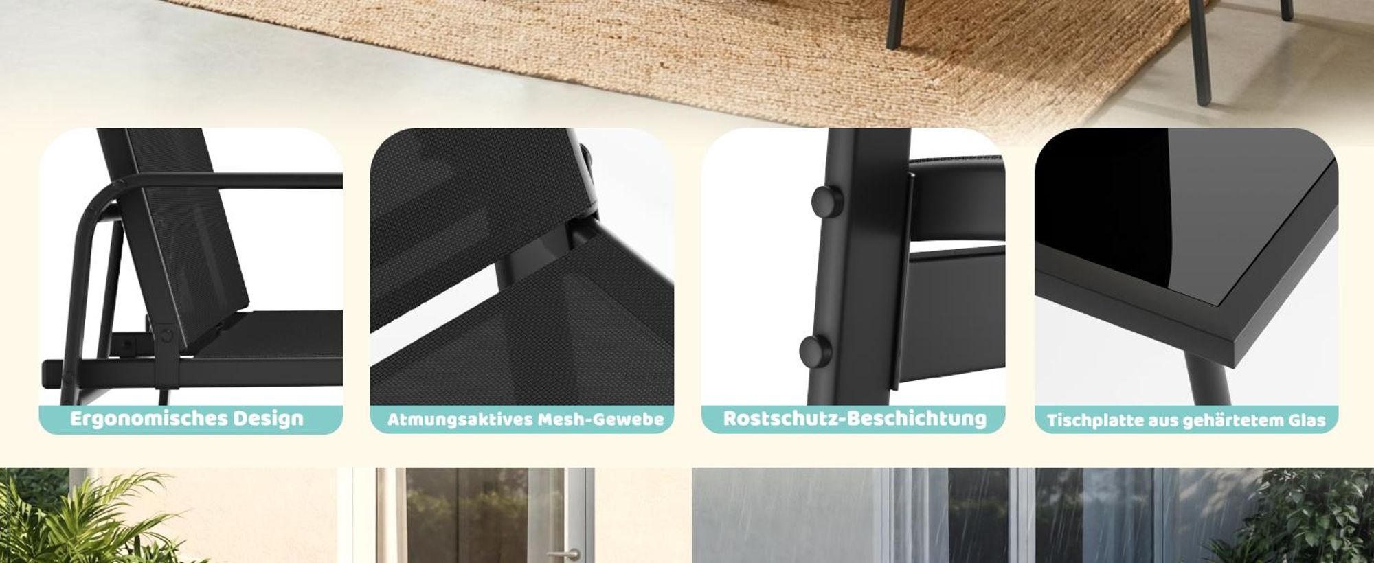 Mondeer Gartenmöbel-Set 4-teilig, Sitzgruppe mit Armlehnen & Glas-Tisch, Wetterbeständig für Balkon Terrasse Schwarz