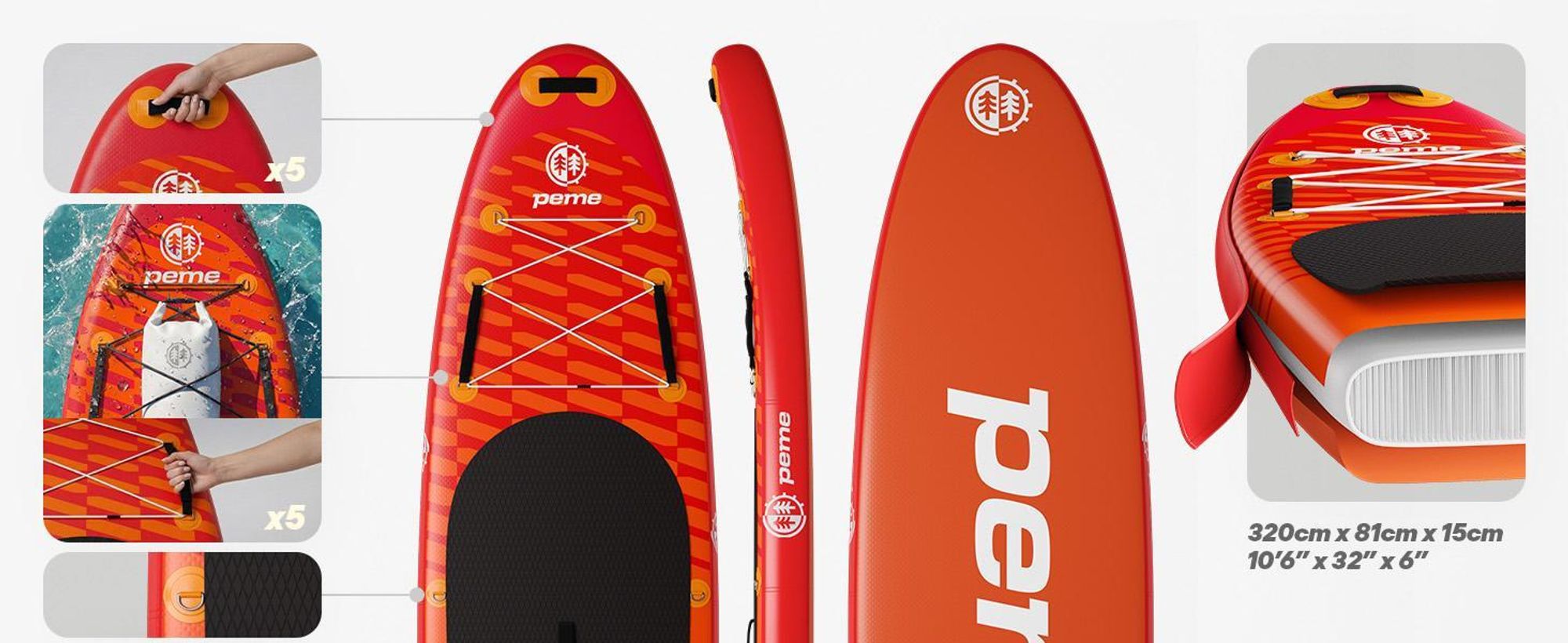 Planche de stand up paddle PEME - Orange coucher de soleil - 350 cm - Pagaie double et accessoires complets, SUP, planche de surf gonflable, jusqu'à 166 kg, - Rouge et orange