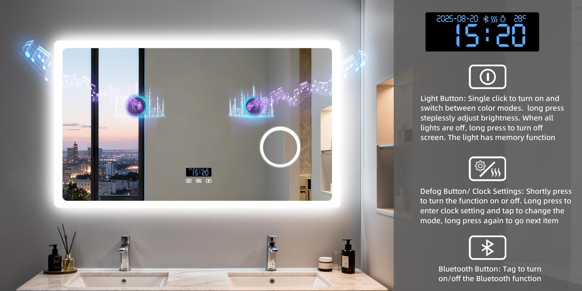 WISFOR Badezimmerspiegel mit Bluetooth und LED-Beleuchtung, 120 x 70 cm,Wandspiegel mit Uhr 3-Fach Schminkspiegel Energiesparend Speicherfunktion