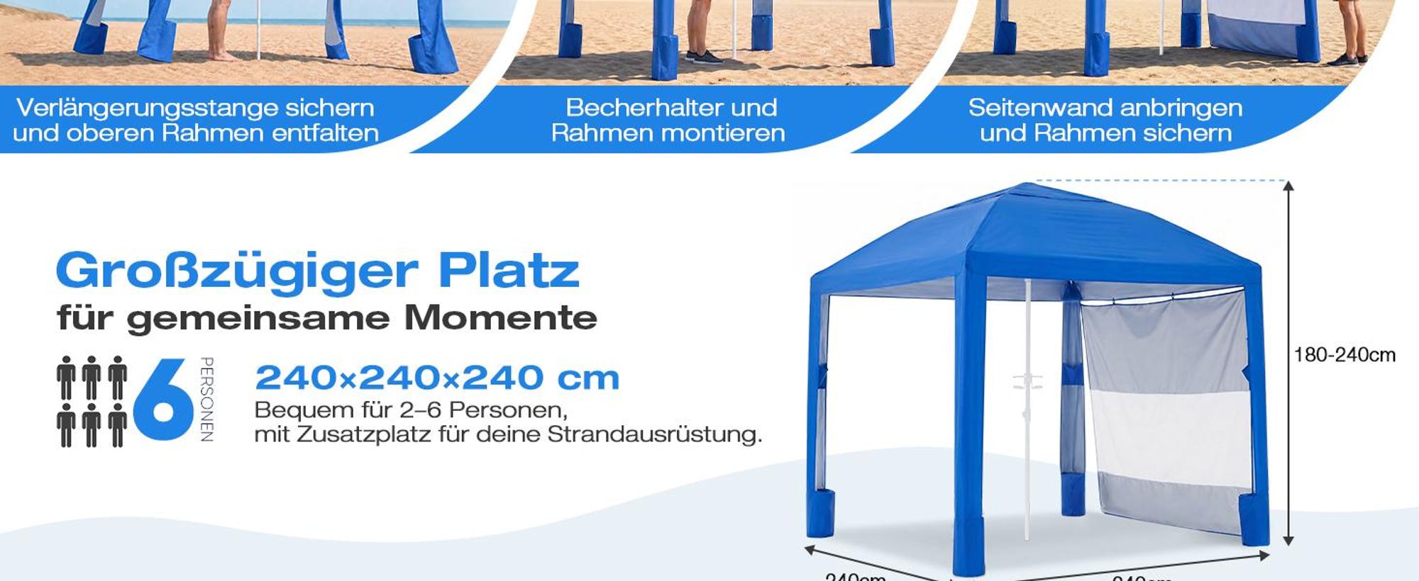 Sekey Strandmuschel Pop Up 240 x 240 cm für 4 Personen mit Seitenvorhang Höhenverstellbar UV Schutz 50+ Windfest Strandzelt