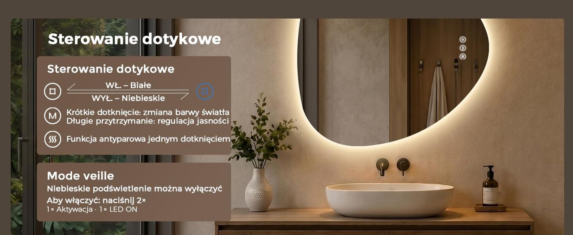 S'AFIELINA Lustro Łazienkowe LED 60 x 70 cm, Podświetlane, Bez Ramy, 3 barwy światła, regulacja jasności, anti-fog i pamięć. Montaż poziomy/pionowy.