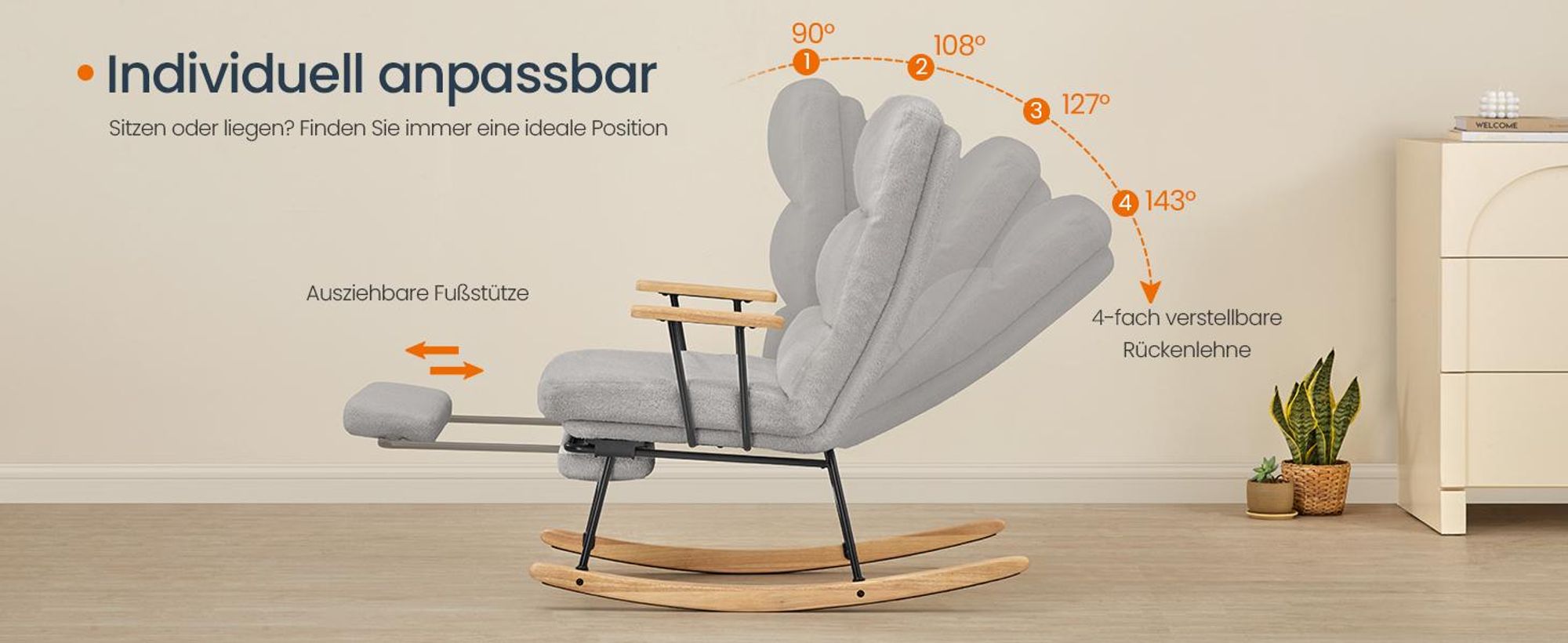 SONGMICS HOME Schaukelstuhl, Füße aus Kautschukholz, Schaukelsessel, Fleece Oberfläche