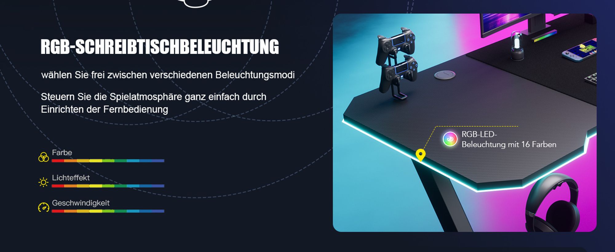 GTPLAYER 120 x 60cm Gaming Tisch mit Mauspad, LED, Gaming Schreibtisch, PC Tisch Gamer Tisch Computertisch mit Kopfhörerhaken schwarz