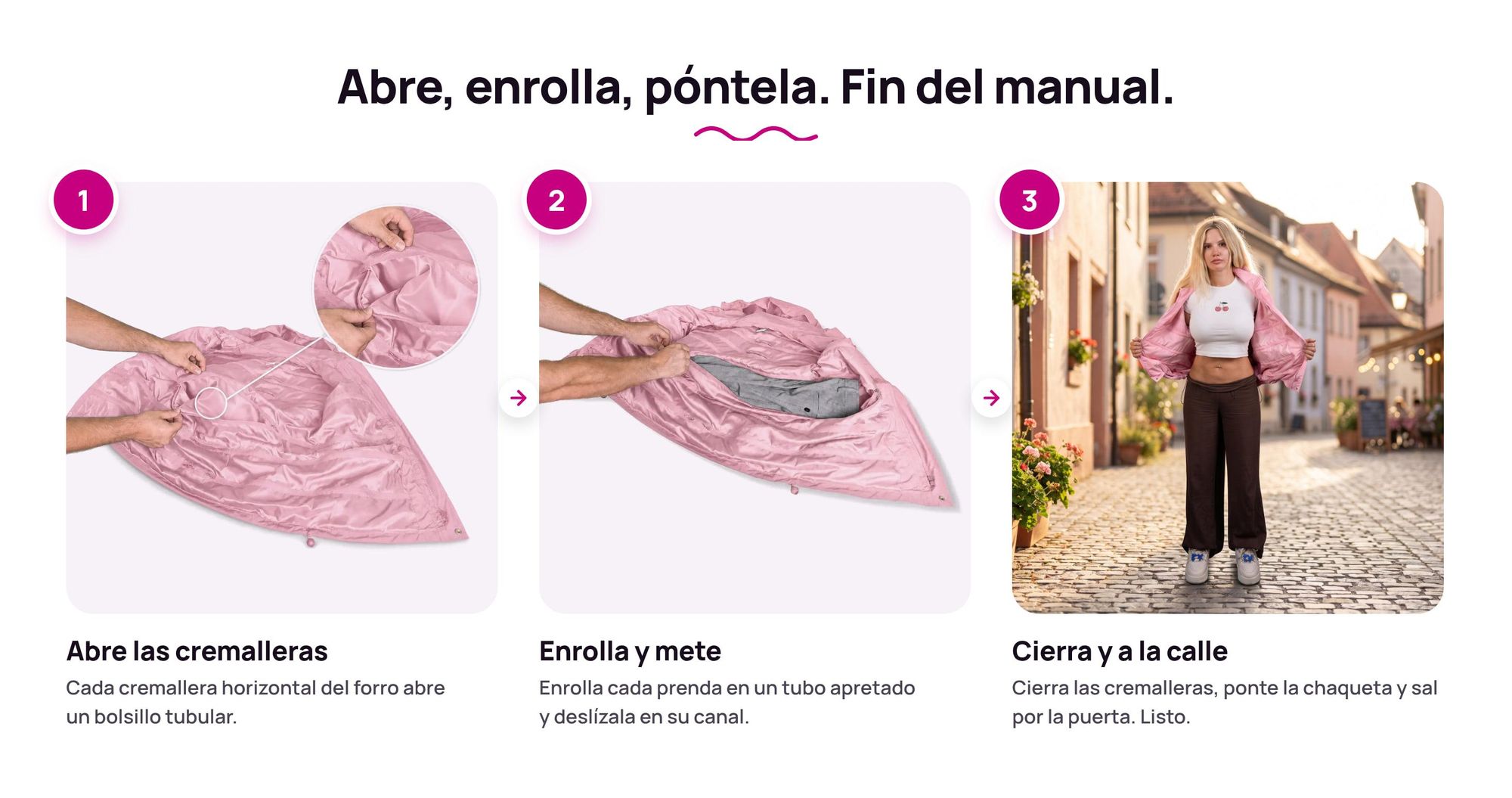 Paso a paso: cómo meter ropa en los bolsillos tubo de la Chaqueta de Equipaje Ryanwear