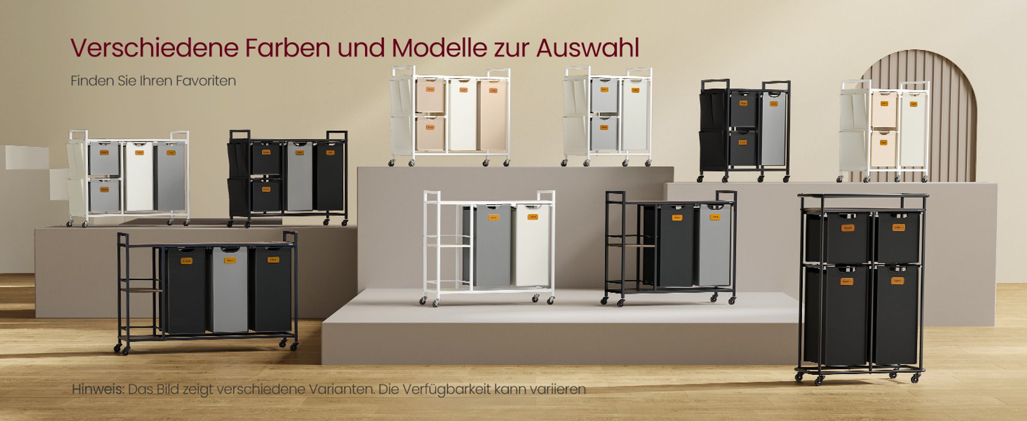 VASAGLE Wäschekorb 4 Fächer, Wäschesammler 150 L,  Wäschewagen mit Ablage