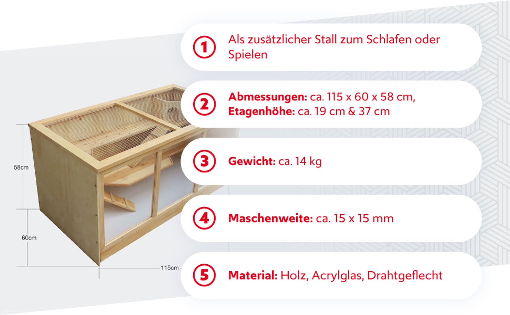 Wiltec XXL 3 Etagen Nagerkäfig, 4-eckig, 1150 x 600 x 580 mm, aus Holz, mit klappbarem Deckel & Sichtfenster, Kleintierhaus Mäusekäfig Hamsterkäfig
