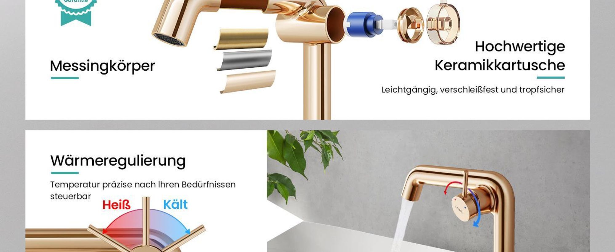 EMKE Einhebel-Waschtischarmatur, Badarmaturen 332x220x76mm, Wassersparend, Korrosionsschutz, Bleifreies Messing, Rosegold