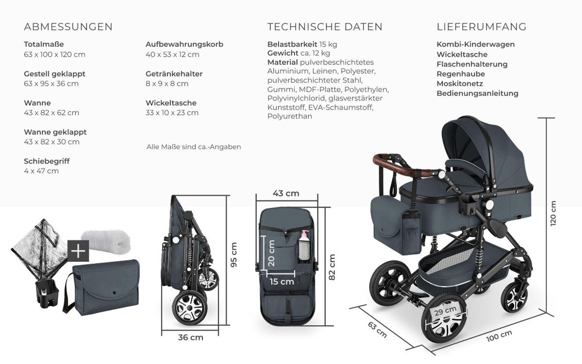 tectake® Kombi-Kinderwagen Mats 2 in 1, klappbar, mit 5-Punkt-Gurt, Bremse, Schutzbügel und Handschlaufe für 0 bis 36 Monate geeignet, Belastbarkeit 15 kg