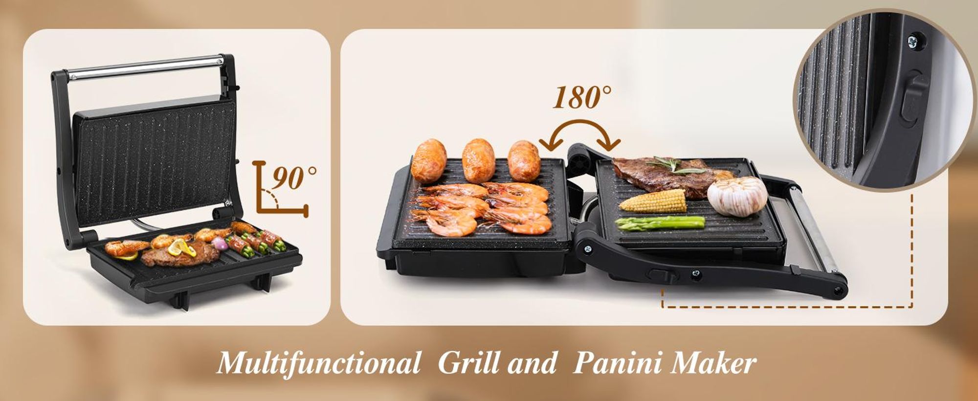 Aigostar - XXL Kontaktgrill Panini Grill, Sandwich Maker, Edelstahl, 1000W , Gleichmäßige Erwärmung, 180° Kontaktgrill, Leicht zu lagern