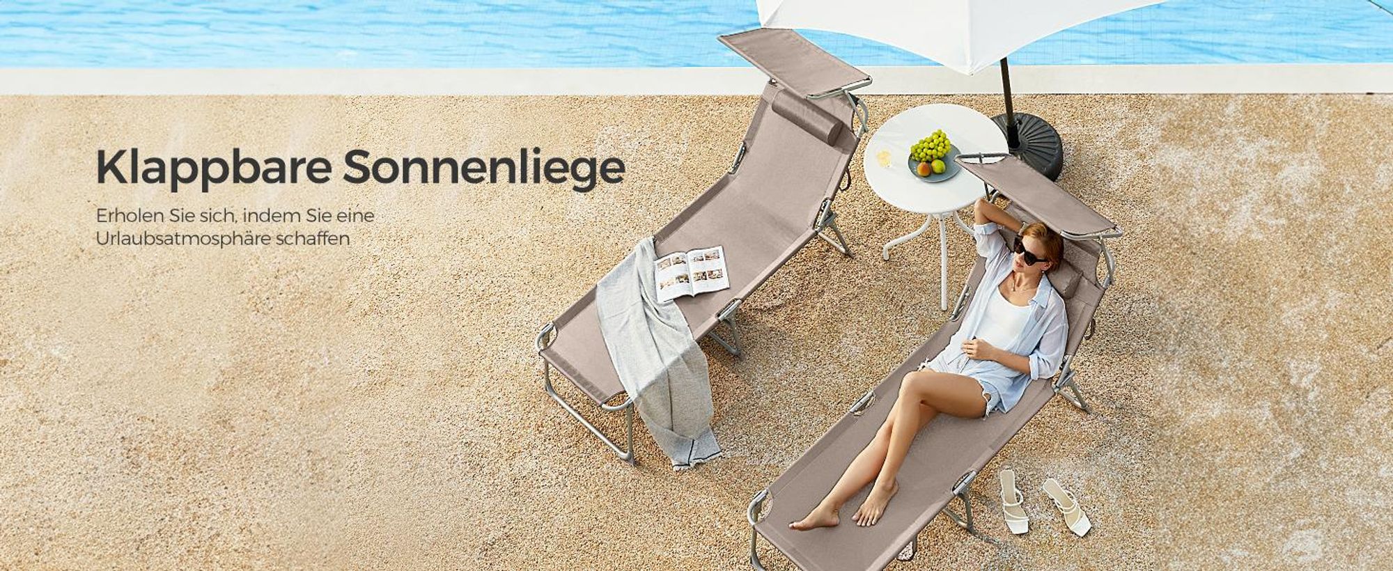 SONGMICS Gartenliege, klappbarer Liegestuhl, 193x53x29cm, mit Kopfstütze taupe