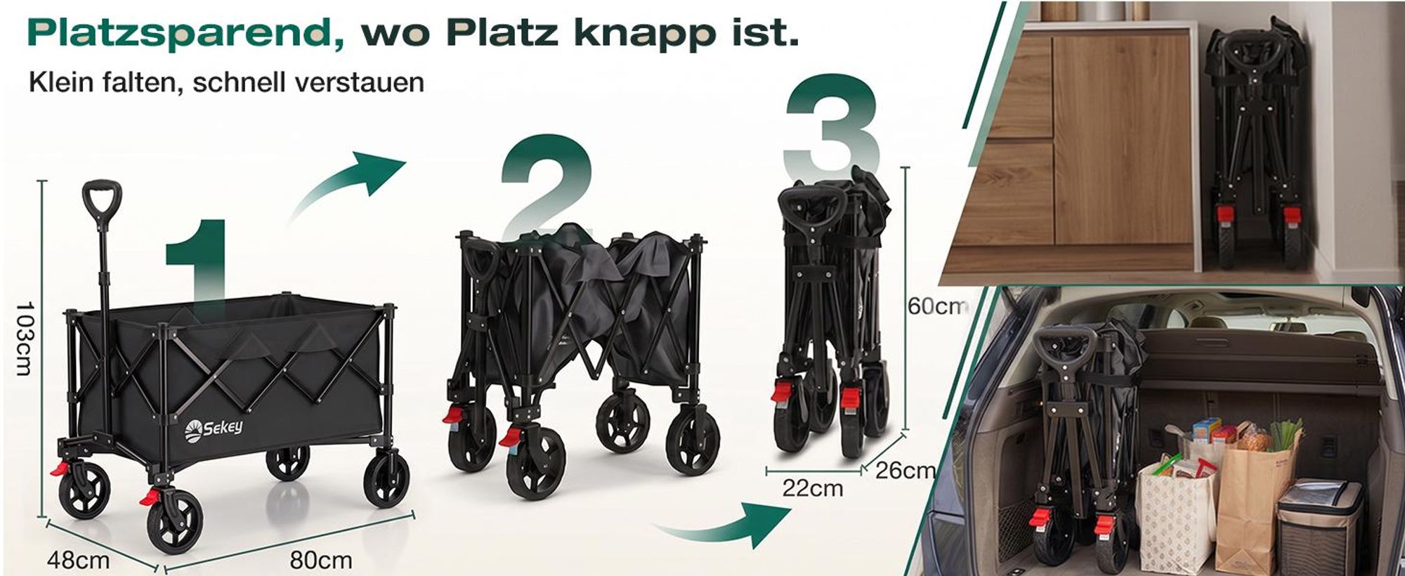 Sekey Bollerwagen faltbar 150 kg mit Bremsen, klappbarer Handwagen für Garten und Ausflug, Schwarz