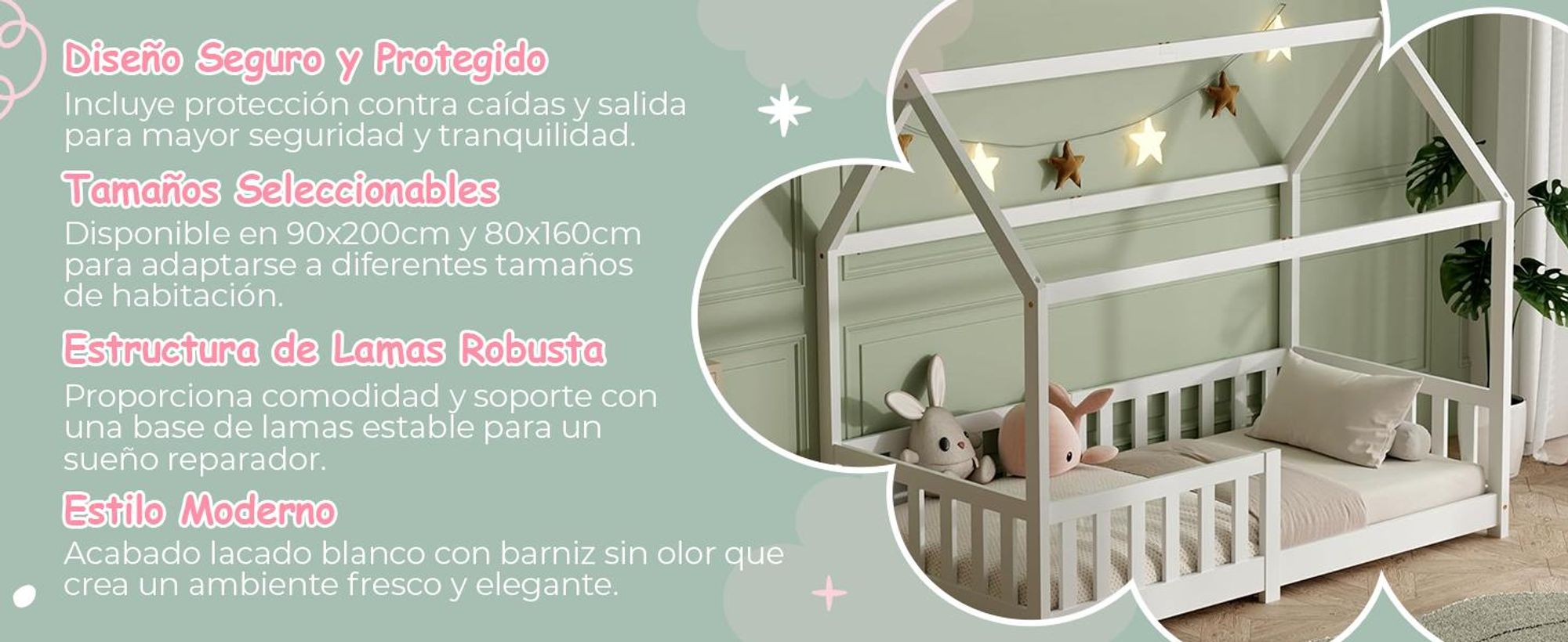 Cama infantil de 90x200 con barandillas de protección y somier, cama con forma de casita – cama infantil de 90x200 para niños – cama con forma de casita de 90x200, color blanco