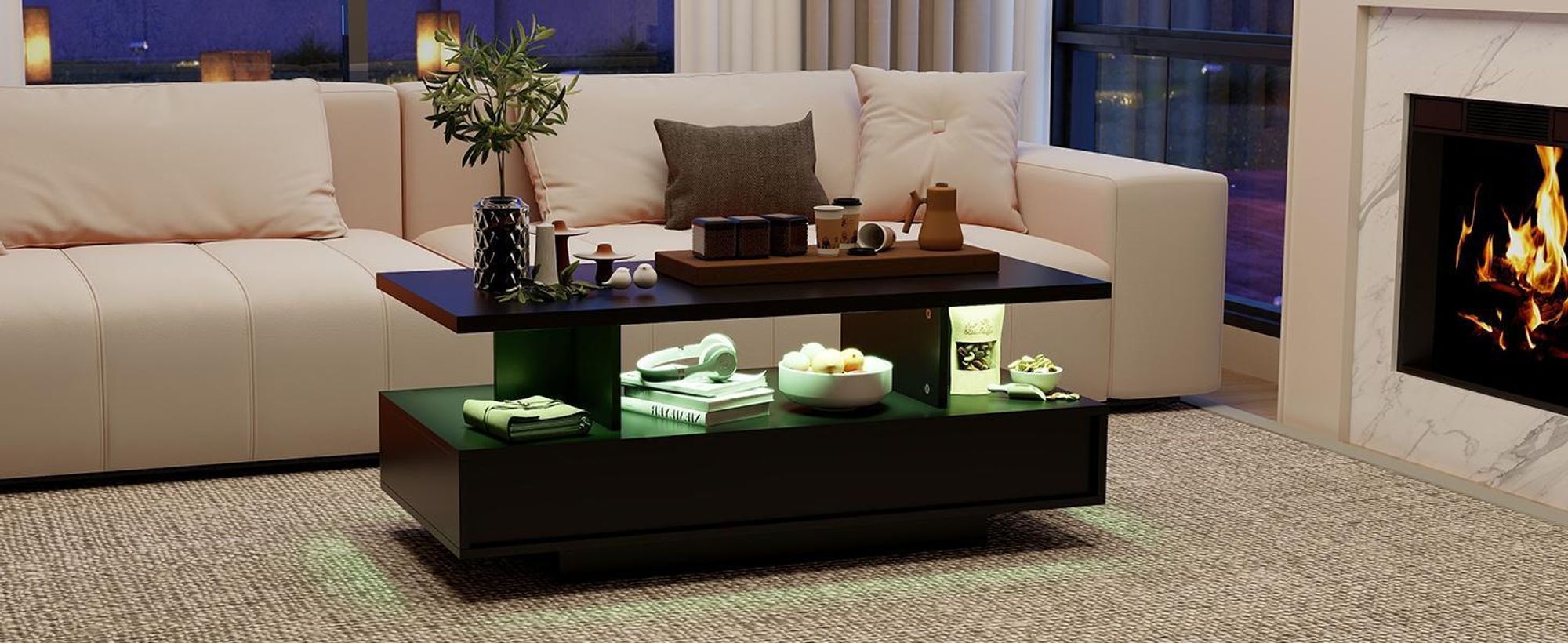 Puluomis Table basse avec tiroir, barre lumineuse RGB avec contrôle App, télécommande, table basse table basse pour salon, noir