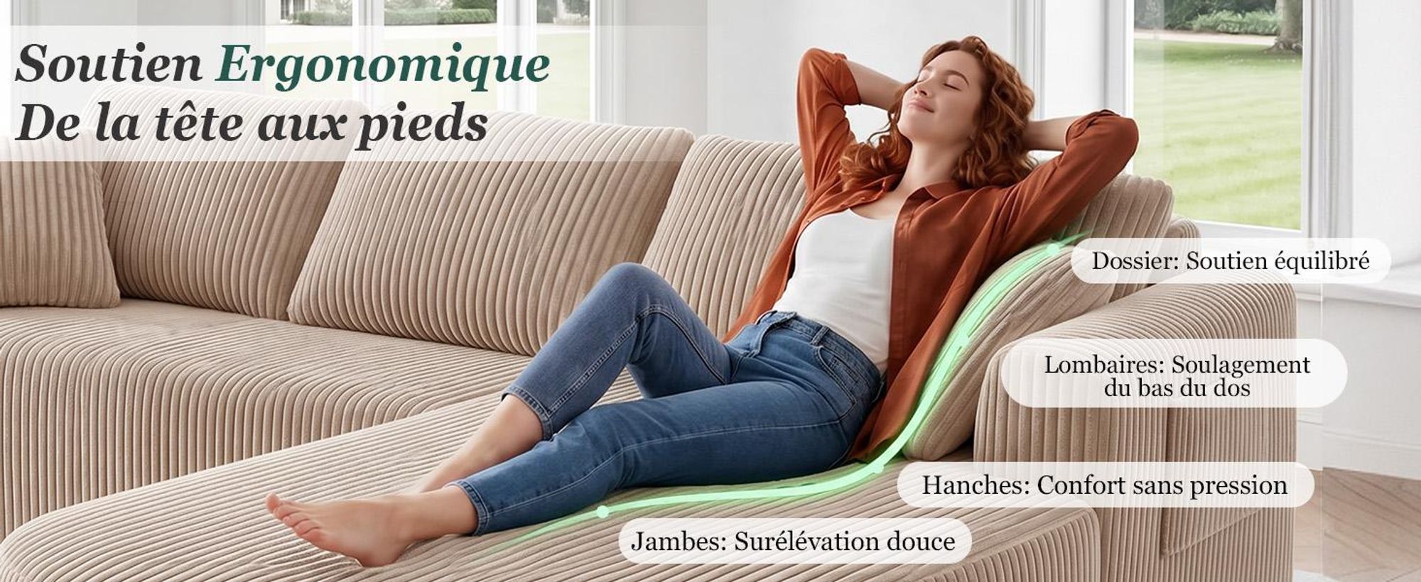 Canapé d'angle COMHOMA avec fonction convertible, 263 cm, en velours, modulaire, sans structure visible, avec chaise longue, canapé d'angle convertible, canapés modulaires avec coussins et poche latérale
