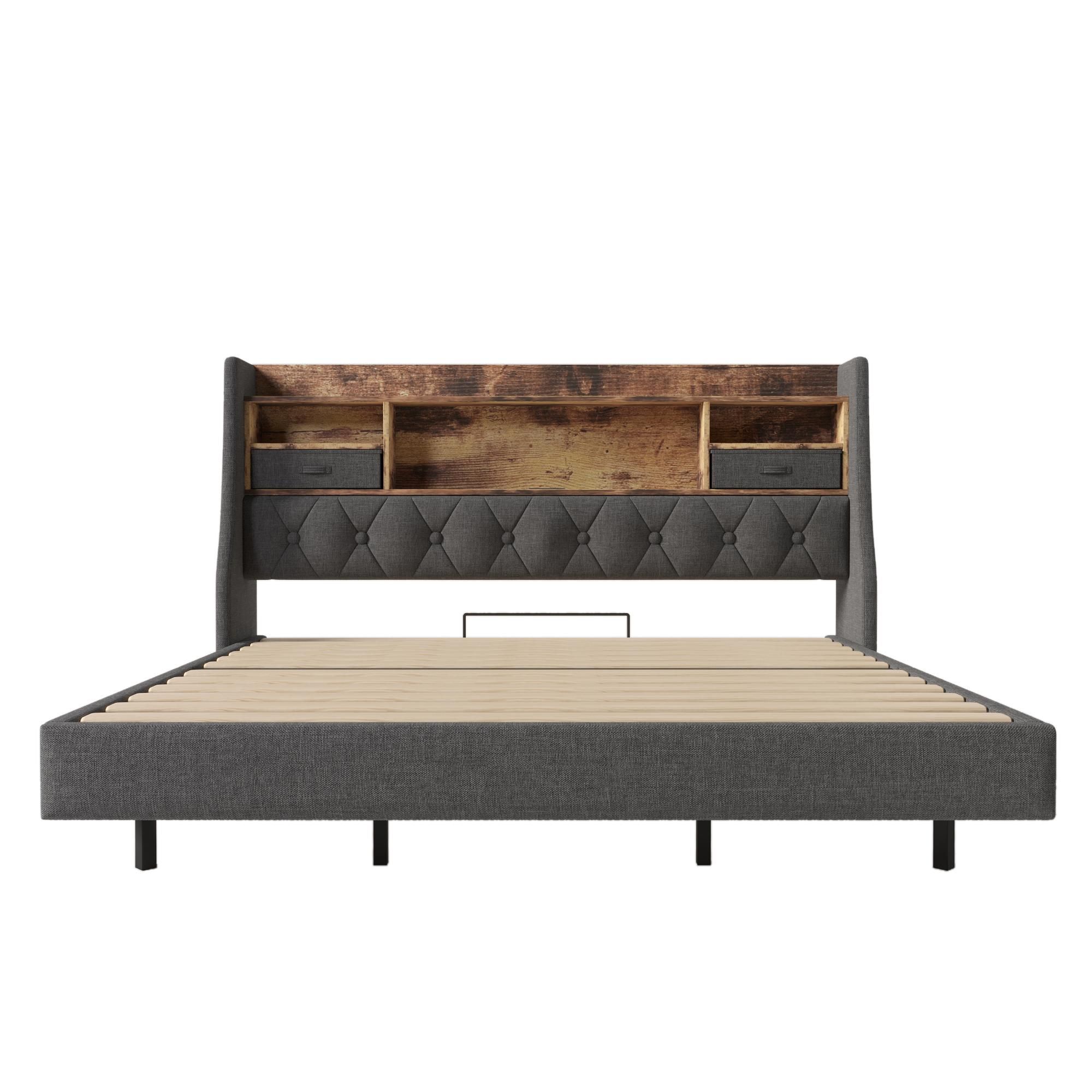 Flieks Polsterbett 160x200cm mit USb & Type-c, Doppelbett Jugendbett mit Led, Holzbett Stauraumbett mit Ablagen und Schubladen, Leinen, Grau