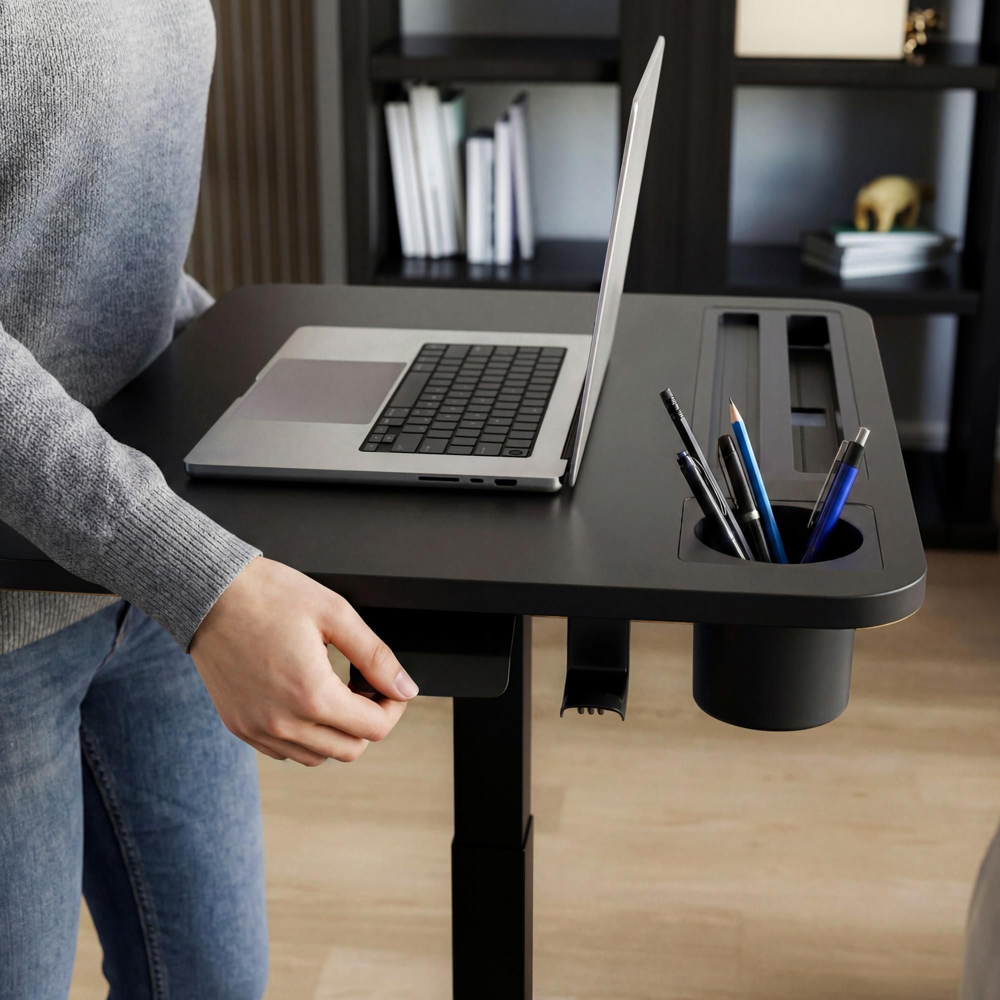 di volio Mobiler Schreibtisch DOZIA höhenverstellbar mit Gasfeder, kleiner Walking Pad Tisch mit Rollen, Computertisch mit Tabletfach & Getränkehalter (schwarz)