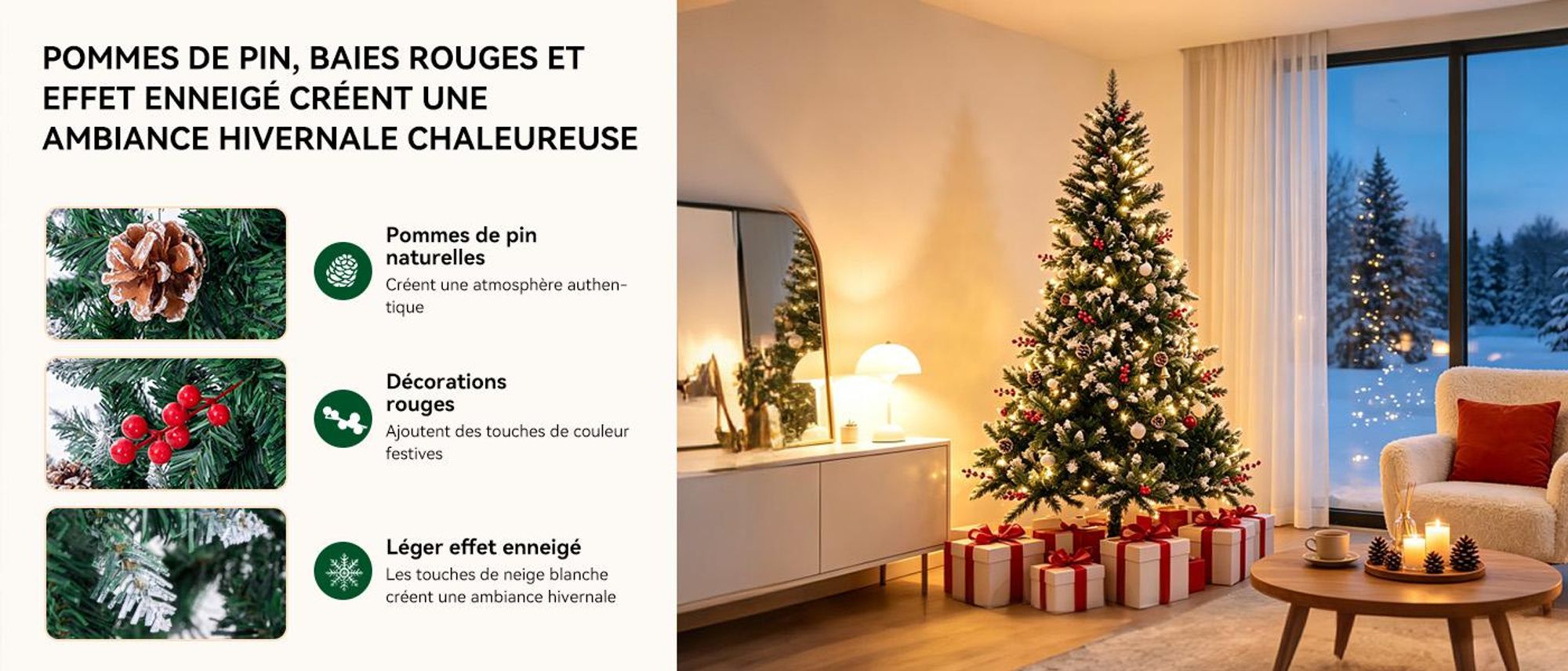 Effet enneigé, pommes de pin et baies rouges pour une ambiance de forêt hivernale