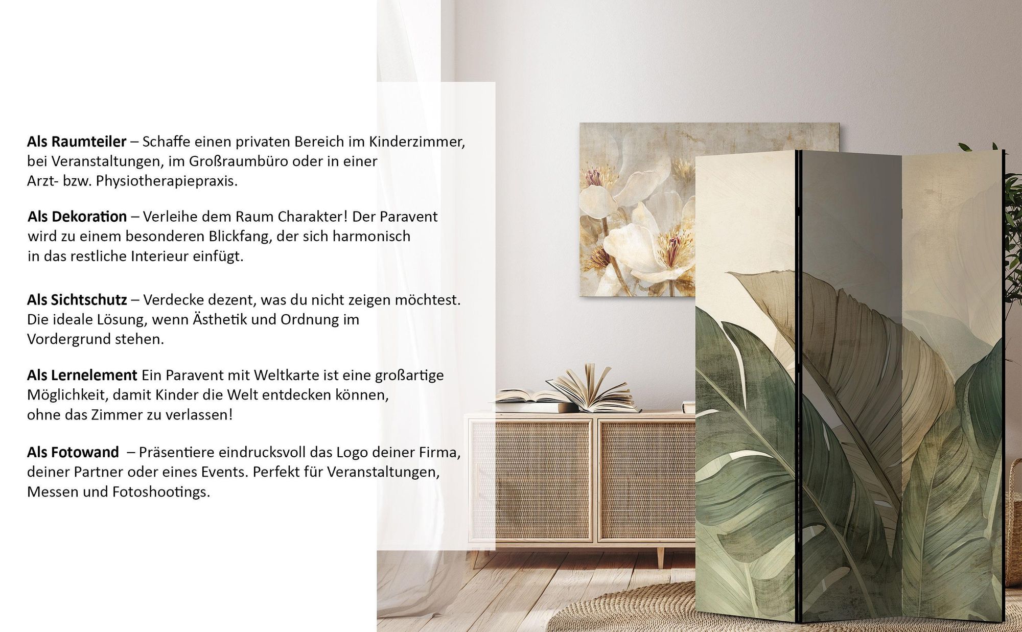 LUMASOUL Paravent einseitig, Paravent Raumteiler Innen, ohne Motiv Japanisch, 225x172 cm