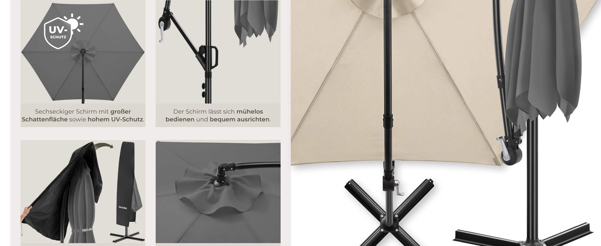 tectake® Ampelschirm Artemis 3 x 3 m, 360° drehbar mit Doppeldach