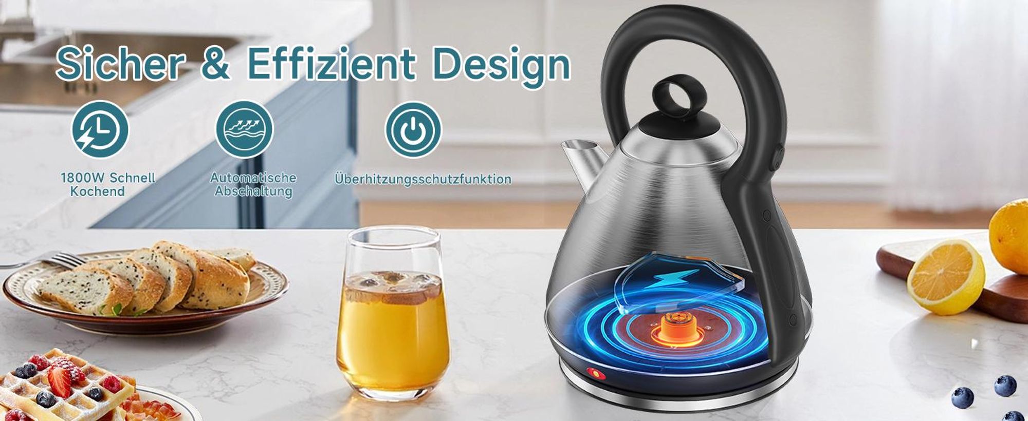 SCHEFFLER Wasserkocher Edelstahl 3,5Liter Teekocher Elektrischer Trockengehschutz Schnellkochfunktion Perfect-pour-Ausgustülle Fester Filter BPA-frei