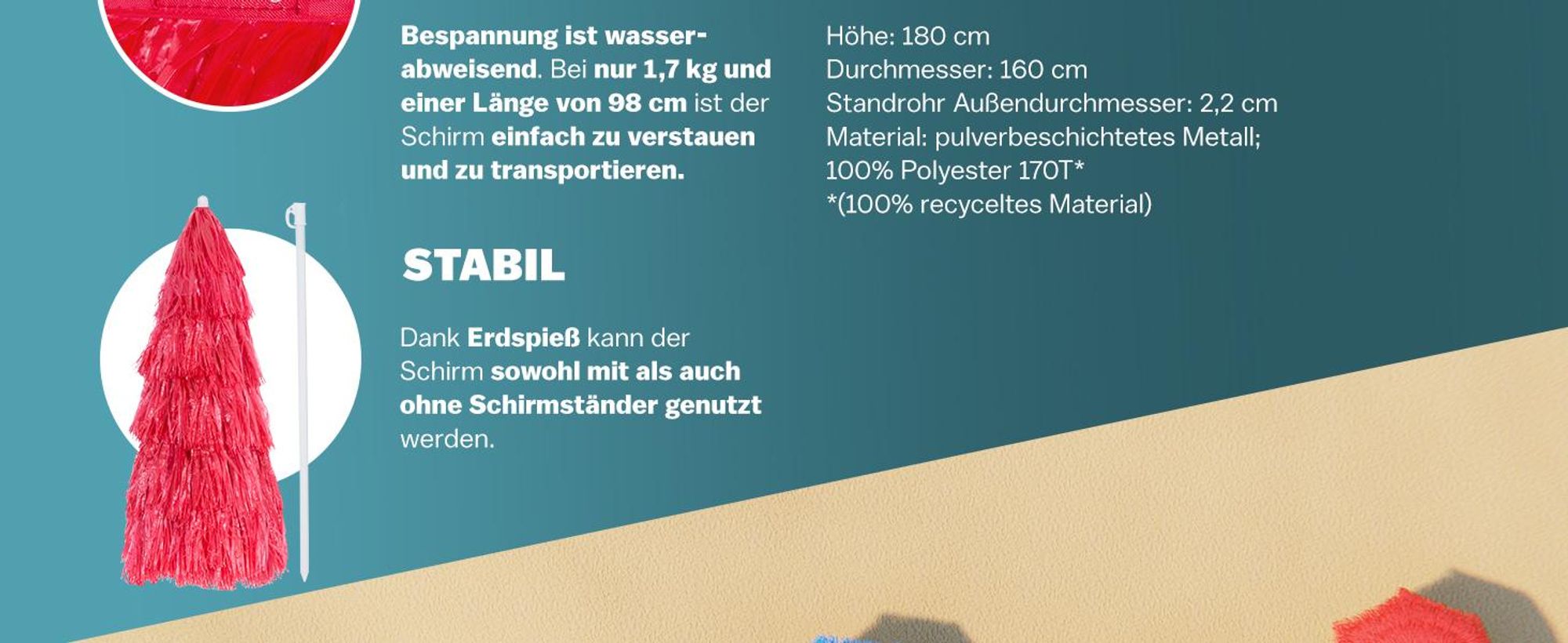 KINGSLEEVE® Sonnenschirm Hawaii Ø160cm Neigbar Höhenverstellbar UV Schutz 30+ Groß Rund Balkon Strand Strohschirm Strandschirm Bast Hawaiischirm Rot