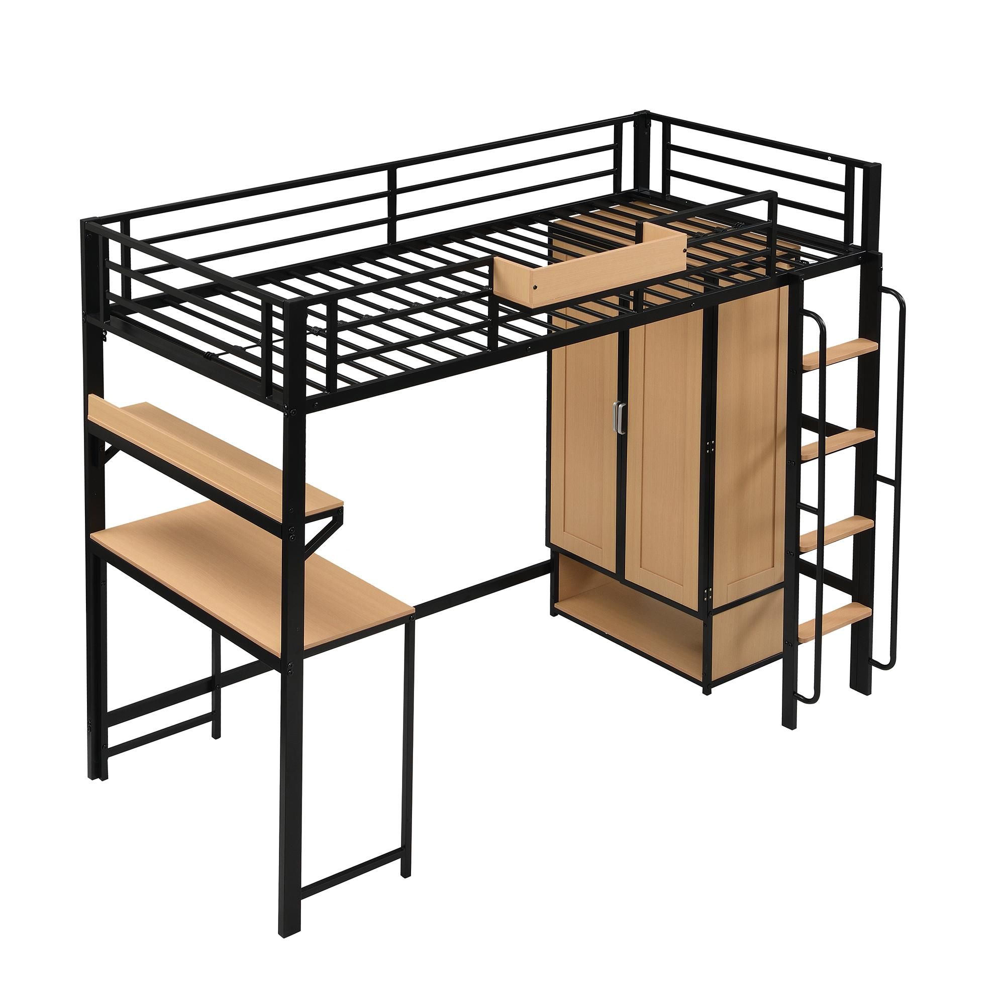 Flieks Etagenbett Metallbett 90x200cm mit Schreibtisch & Ablage, Kinderbett Hochbett mit Kleiderschrank, Jugendbett Einzelbett mit Lattenrost, Schwarz