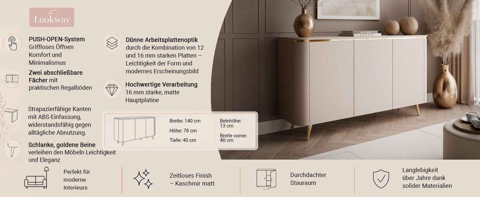 Kommode AVELINE 140 cm mit LED-Beleuchtung