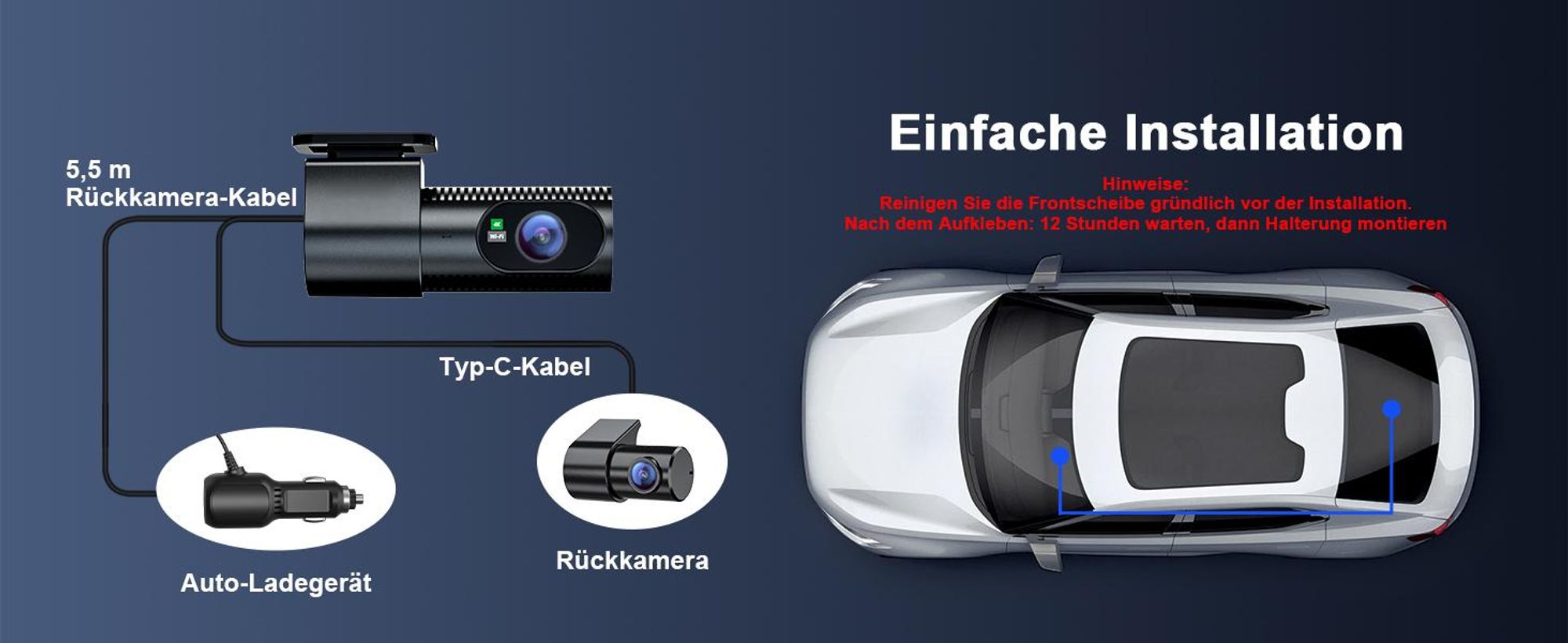 dashcam auto vorne und hinten 4K+1080P, Wi-Fi/APP Mini Dual Auto Kamera, 64GB,Parküberwachung, 170°Weitwinkel