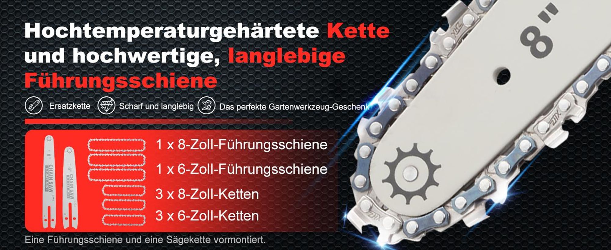 TEENO Akku Mini Kettensäge 6&8 Zoll 2-in-1, 6 Ketten (3×6"+3×8"), Bürstenloser Motor, 2×4000mAh Li-Ion Akku, 5500 U/min, Leicht & Tragbar für Garten