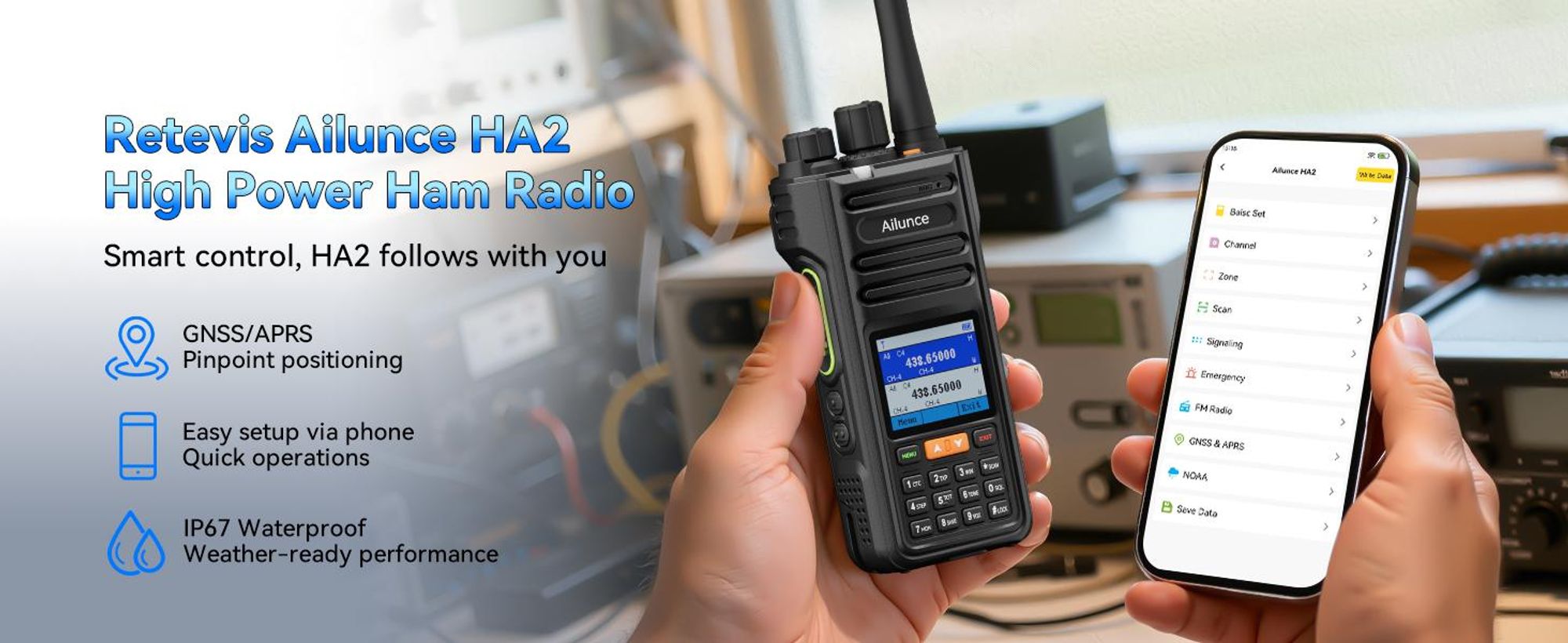 Retevis Ailunce HA2 radio Bluetooth, radioamatore, controllo APP, APRS/GPS, ricarica rapida, impermeabile IP67, 2800mAh, SOS, per radioamatori
