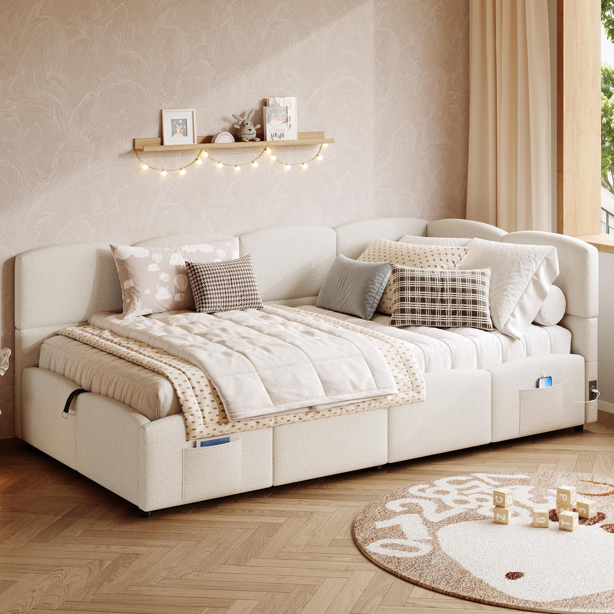 Flieks Hydraulisches Polsterbett 90x200cm mit Stauraum, Schlafsofa Tagesbett mit USB & Type-c, Stauraumbett Einzelbett, Bouclé, Beige