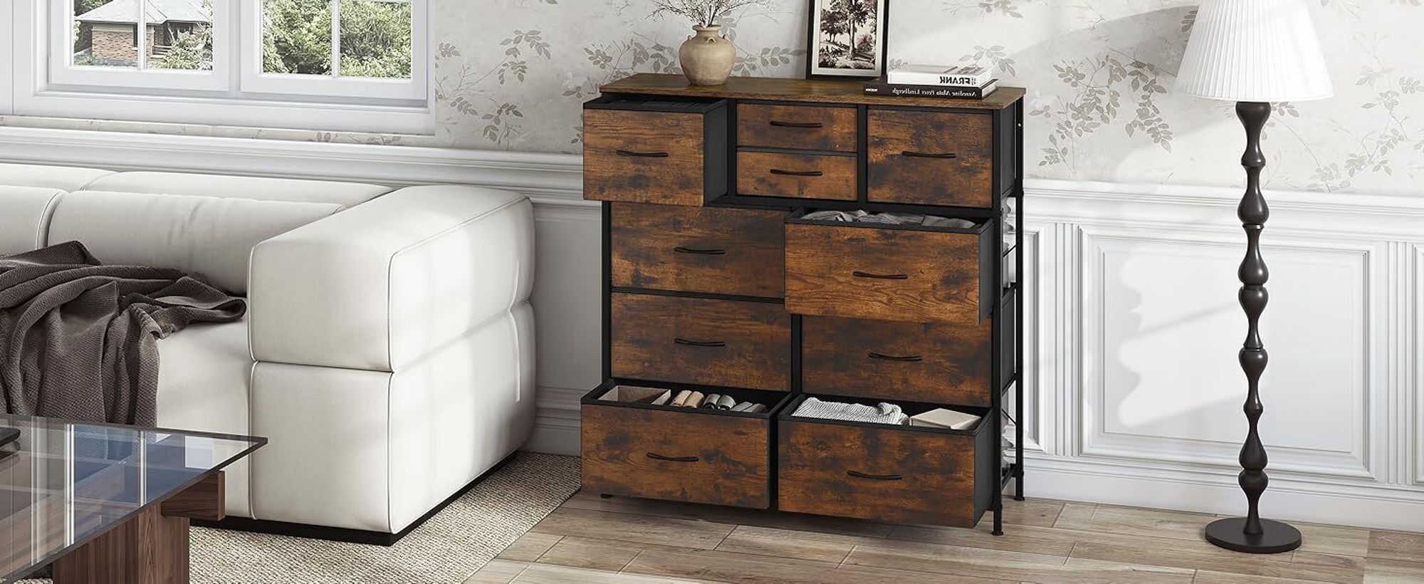 WOLTU Kommode mit 10 Schubladen aus Stoff, Sideboard, Metallrahmen, Industrial Stil : Vintagebraun Farbe: Vintagebraun