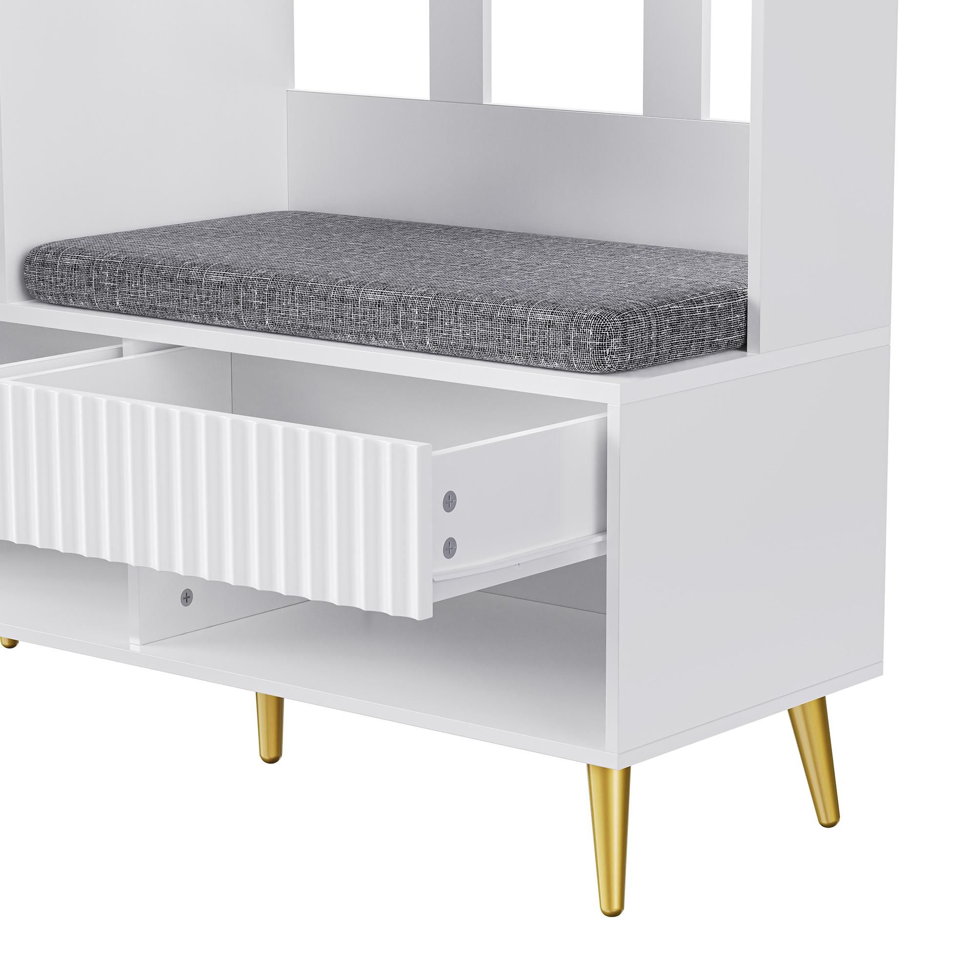 Merax Garderobenständer mit Schuhbank, Garderoben-Set mit 4 Dreifach-Haken, Flurgarderobe mit Schubladen und Schrank, Eingangsbereich, Weiß