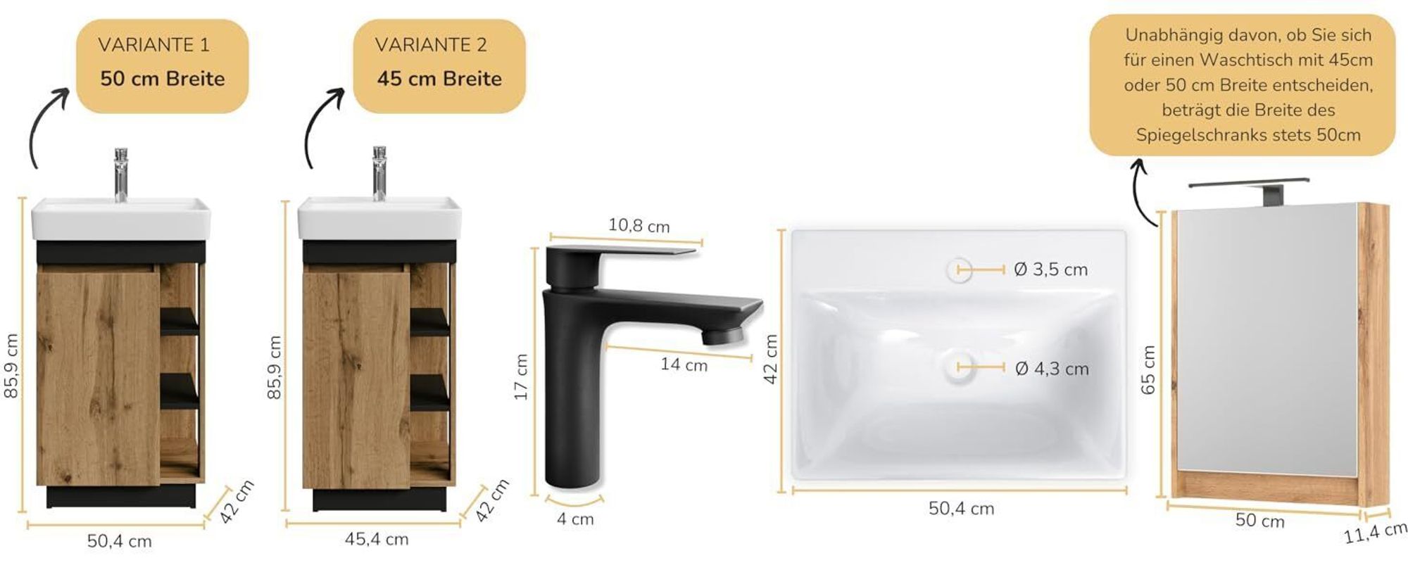 Planetmöbel Nyx Badmöbel-Set 2-teilig Waschtisch mit Unterschrank 45cm Wotan Eiche/Anthrazit & Bad-Armatur schwarz