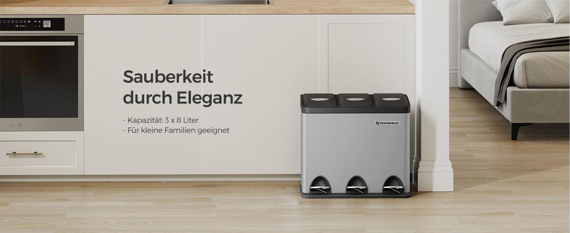 SONGMICS Mülleimer Küche, 3 x 8 Liter, Mülltrennsystem 3 Fächer