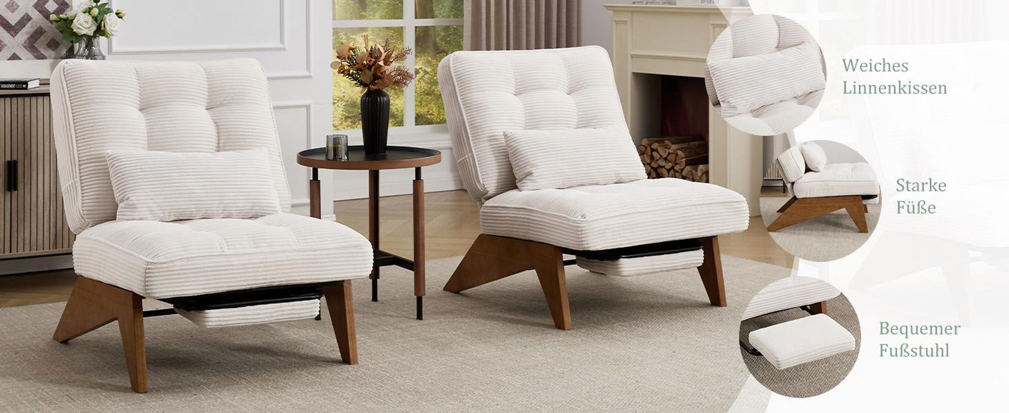 LVHOM Relaxsessel mit Liegefunktion, Loungesessel mit verstellbarer Rückenlehne, Bodensessel aus Cordstoff und Massivholz, für Wohnzimmer, Büro, Grün