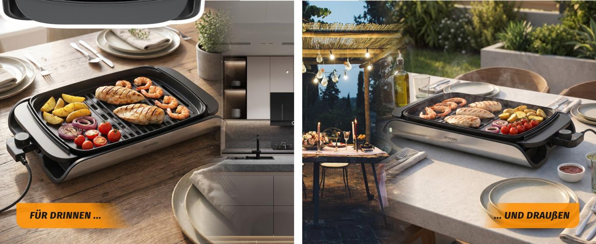 Arendo Tischgrill 2000 W mit Glasdeckel, für drinnen und draußen