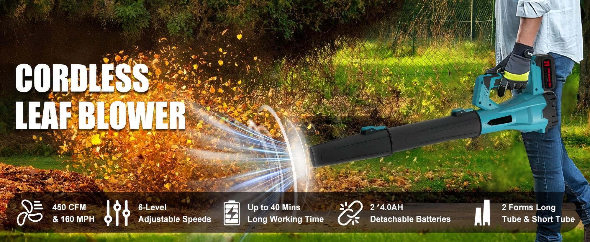 Akku Laubbläser 6 Stufen mit 2x4000mAh Akku und Ladegerät，Akku-Gebläse für Laub &amp, Pulverschnee; Tragbarer Kabellos laubbläser für Haus,Garten,Auto