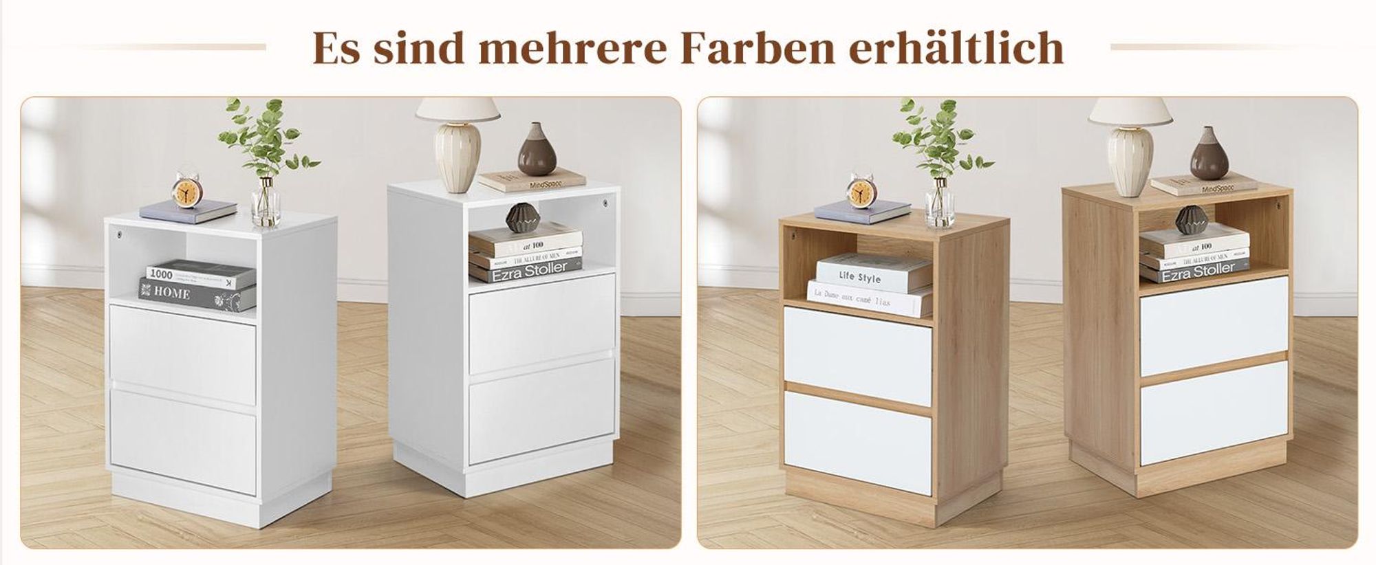 FCH Nachttisch, 2er Set, mit 1 offenem Fach, 2 Schubladen, 40 x 30 x 60 cm, Weiß