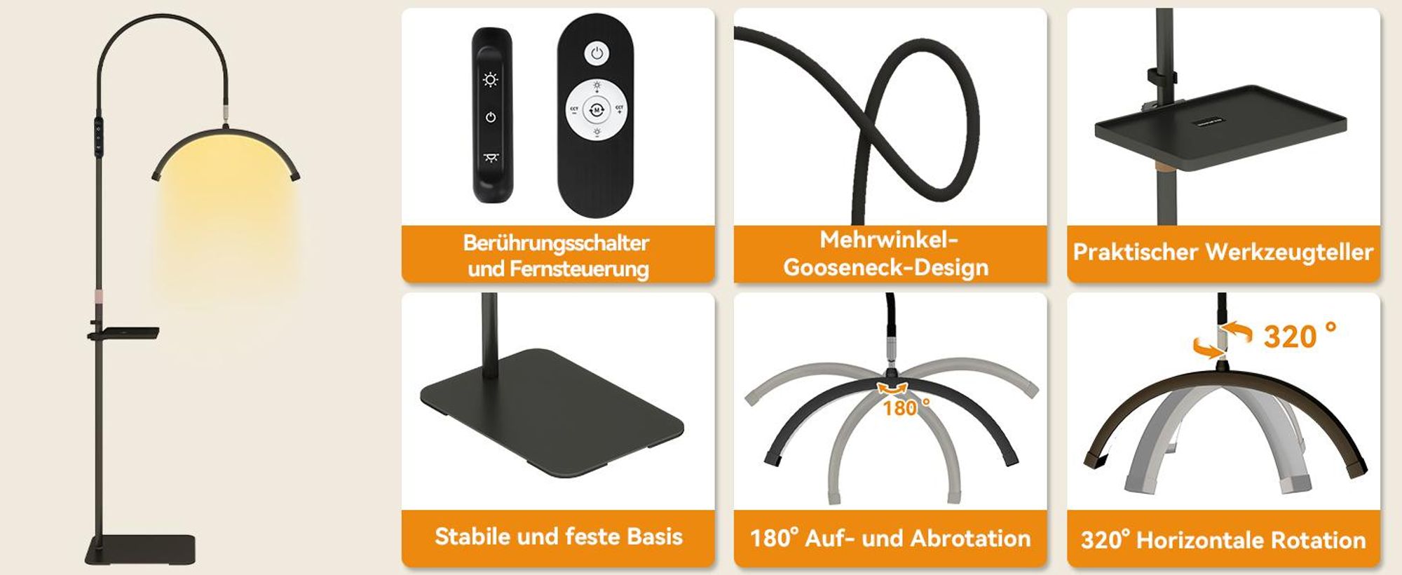 Puluomis LED Beauty Stehlampe, Höhenverstellbare Lampe mit Fernbedienung, 3 Farbtemperaturen & Stufenlos Dimmer, 320° Schwanenhals Wimpernverlängerung