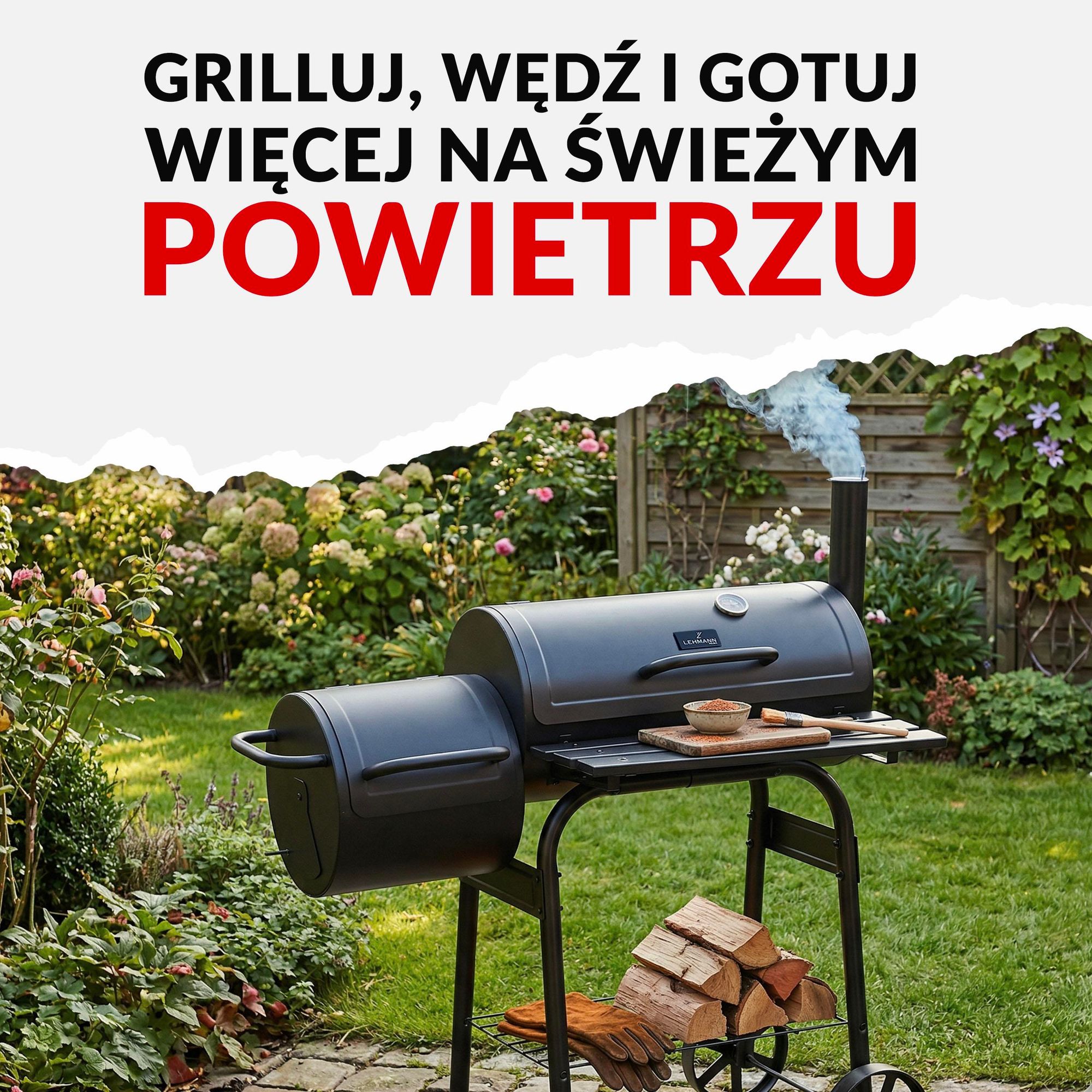 Grill wędzarniowy i węglowy LEHMANN 2 w 1 – 2 komory, pokrywa, wbudowany termometr i uchwyt odporny na wysoką temperaturę, kolor czarny
