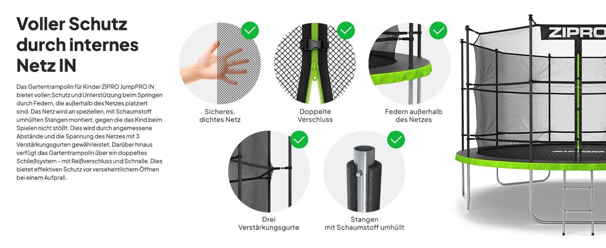 ZIPRO Trampolin Jump Pro IN | 12FT Ø 374 cm | Gartentrampolin Kindertrampolin Komplett-Set inkl. Innennetz, Leiter & Randabdeckung, Outdoor, Grün