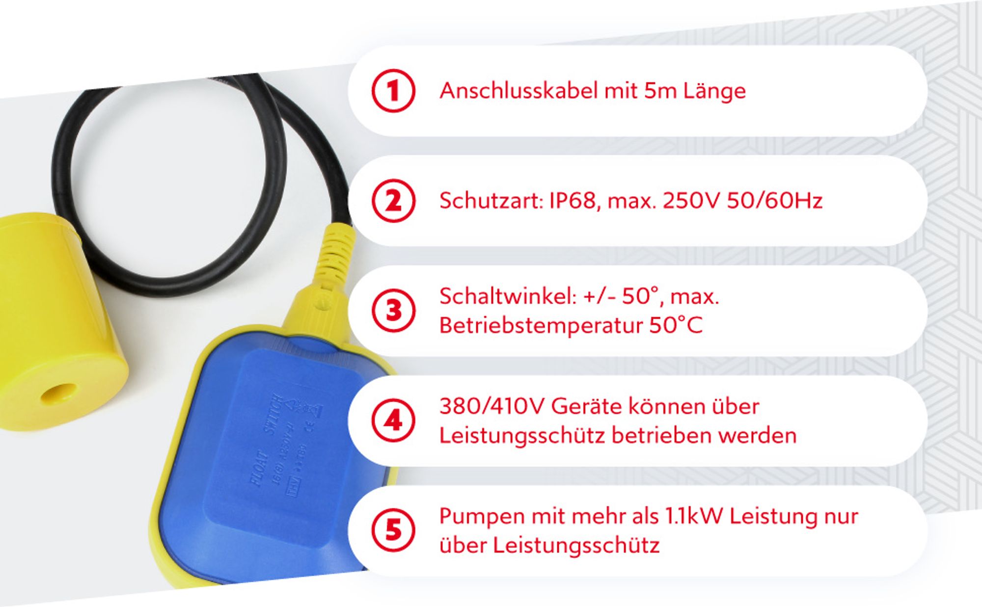 Wiltec Schwimmerschalter für Pumpen, 230VAC 16A, Pegelschalter für Tauchpumpen, Wechsler mit 5 m Kabel