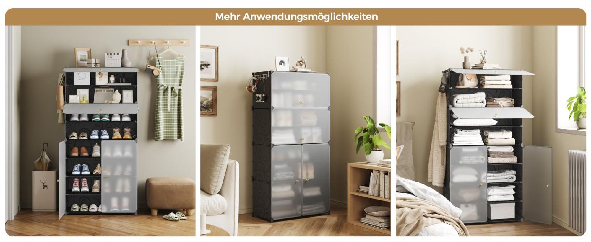 Mondeer Aufbewahrungsschrank aus PP, 8 Fächer Schuhschrank mit Haken für 24 Paar Schuhe, höhenverstellbar, für Flur & Wohnzimmer Schwarz