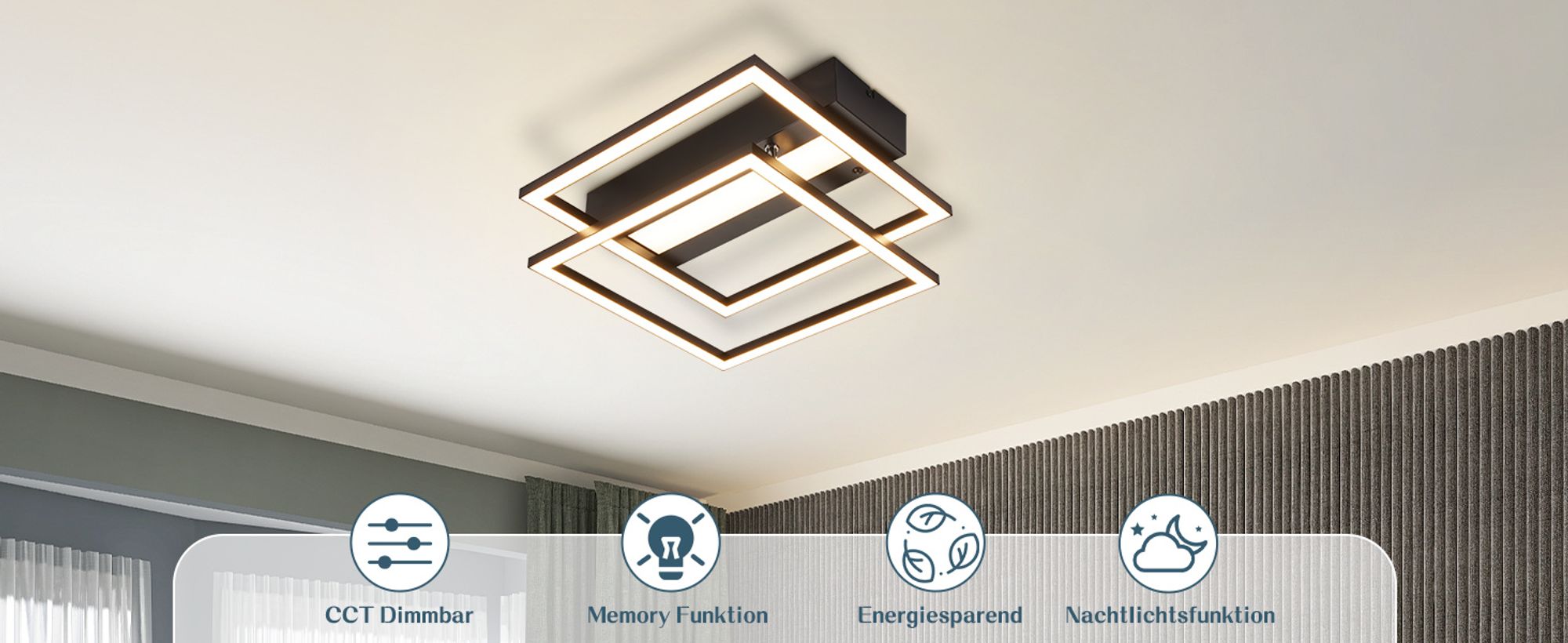 ZMH LED Deckenleuchte 42W Schwarz  Deckenlampe Küche Dimmbar mit Fernbedienung  Modern Schlafzimmer Flurlampe Eckig Deckenlampen für Wohnzimmer