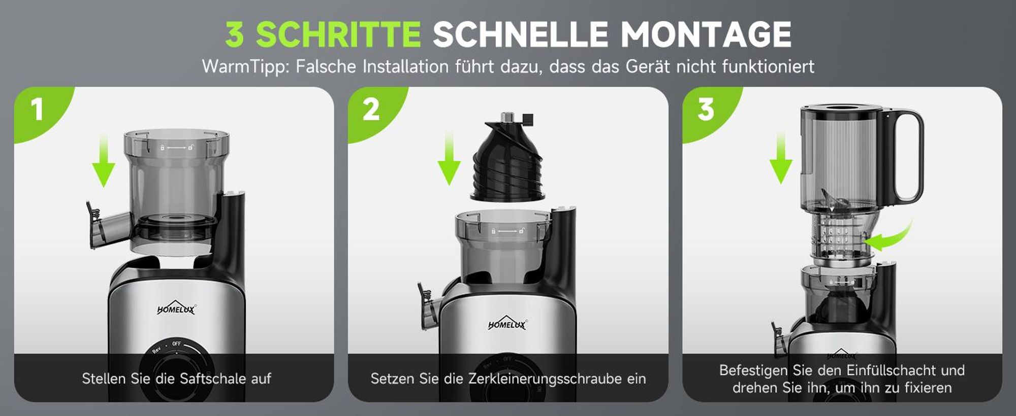 HOMELUX Entsafter 220W Slow Juicer 126 MM Einfüllschacht für Ganze Gemüse und Obst Kaltentsafter Elektrische mit 2 Tassen Reinigungsbürste, Silber