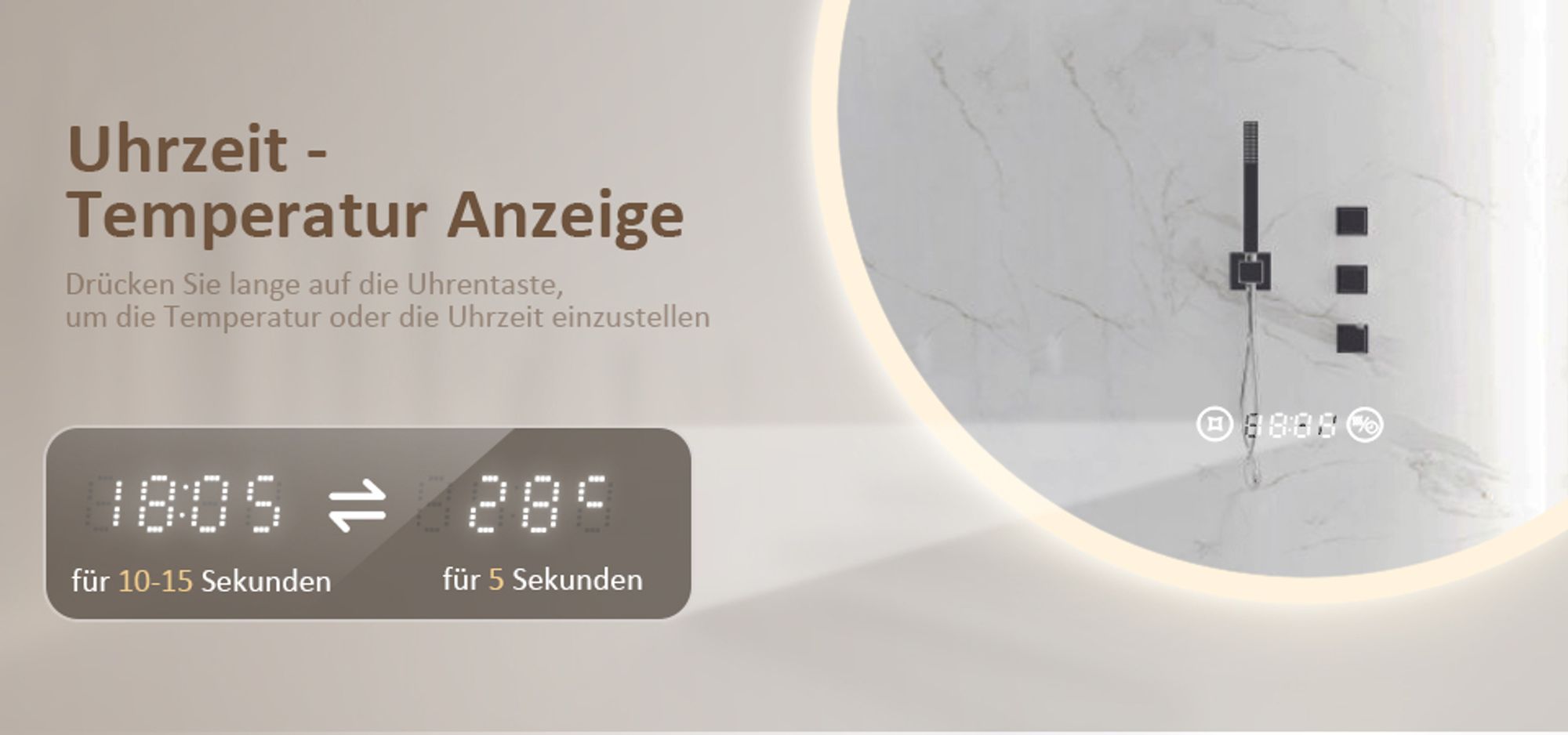 Heilmetz Badezimmerspiegel Rund 60cm Durchmesser LED Badspiegel mit Touch Schalter mit Natürliches Licht 4300K Lichtspiegel Badezimmerspiegel Display mit Temperatur und Uhrzeit Bluetooth