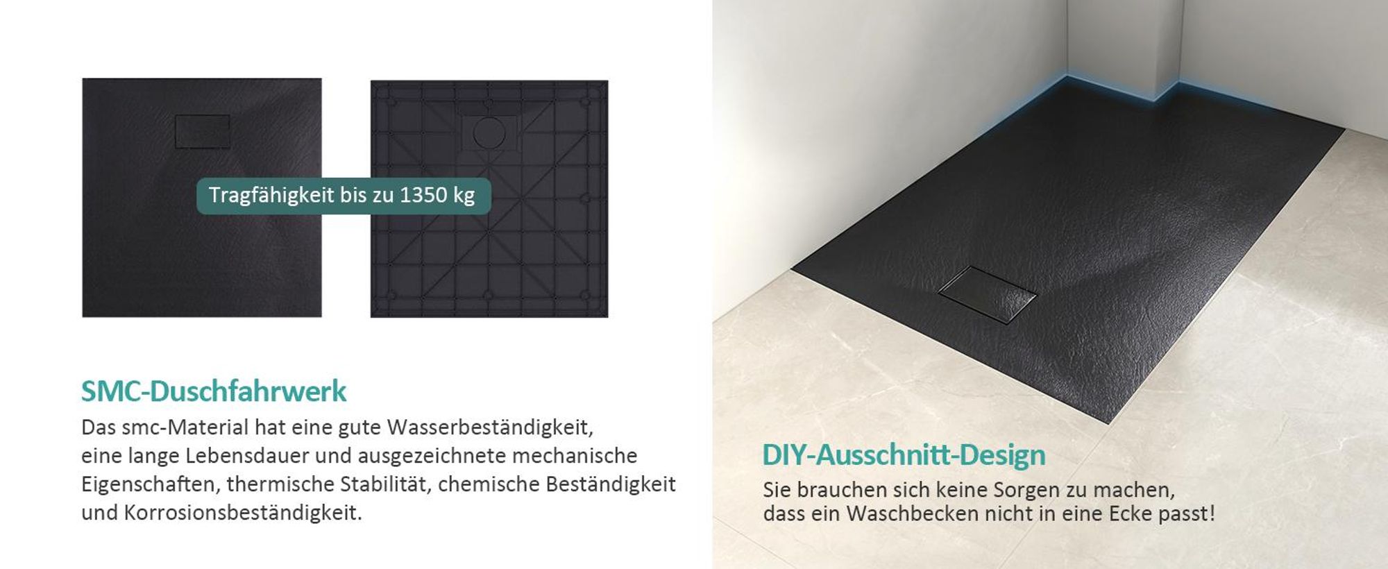 EMKE Duschwanne Flach Rechteckig 140x90cm Duschtasse mit Rutschfeste Struktur in Schwarz Steinoptik inkl. Ablaufgarnitur